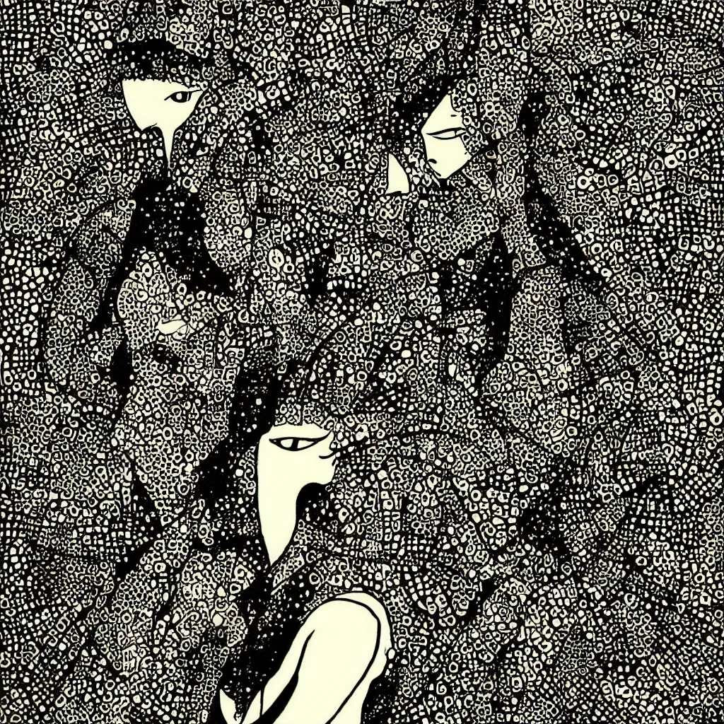 Image similar to woman, abstract, jet set radio artwork, ryuta ueda artwork, hylics artwork, ink, spots, asymmetry, stipple, lines, stippling, crosshatching, linework, pitch bending, dark, ominous, eerie, hearts, minimal, points, technical, natsumi mukai artwrok, tight