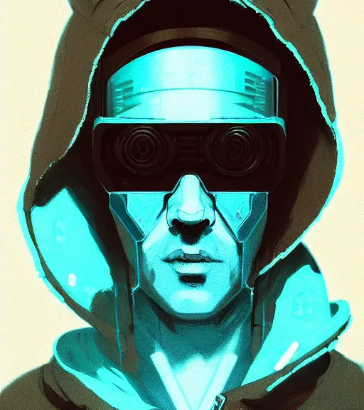 Image similar to cyberpunk synth, hyper - realistic portrait of a man in a hoodie, cyberpunk, by atey ghailan, by greg rutkowski, by greg tocchini, by james gilleard, by joe fenton, by kaethe butcher, dynamic lighting, gradient light blue, brown, blonde cream and white color scheme, grunge aesthetic