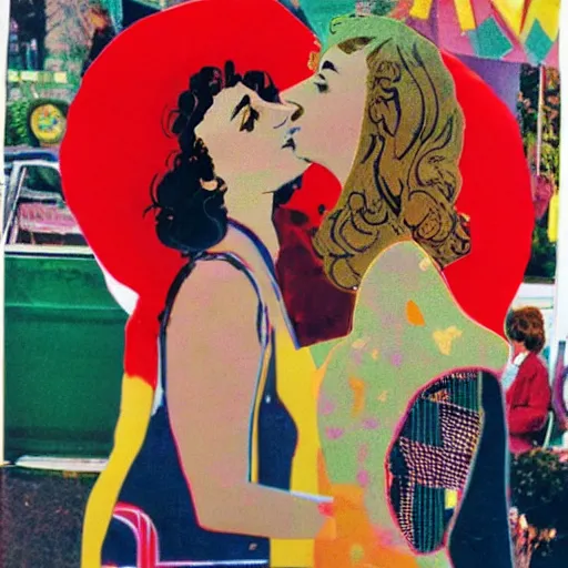 Image similar to two women kissing at a carnival, mixed media collage from 7 0 s, retro, lowfi, magazine collage