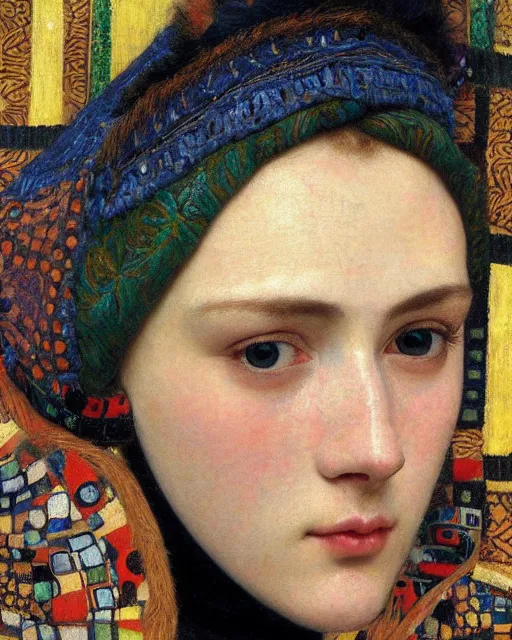 Prompt: a close up of beautiful wearing a balaclava surrounded by colourful intricate patterns, by gustave klimt edgar maxence and caravaggio and michael whelan, intricate painting, hyper realistic, extremely detailed and beautiful aesthetic face, 8 k resolution