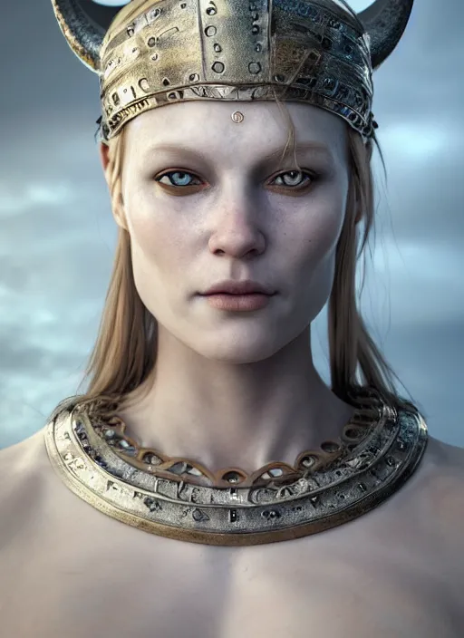 Image similar to hyperrealistic mixed media portrait of a beautiful viking woman, stunning 3d render inspired art by Michael Parkes and Boris Vallejo + perfect facial symmetry + dim volumetric lighting, 8k octane beautifully detailed render, post-processing, extremely hyperdetailed, intricate, epic composition, grim yet sparkling atmosphere, cinematic lighting + masterpiece, trending on artstation