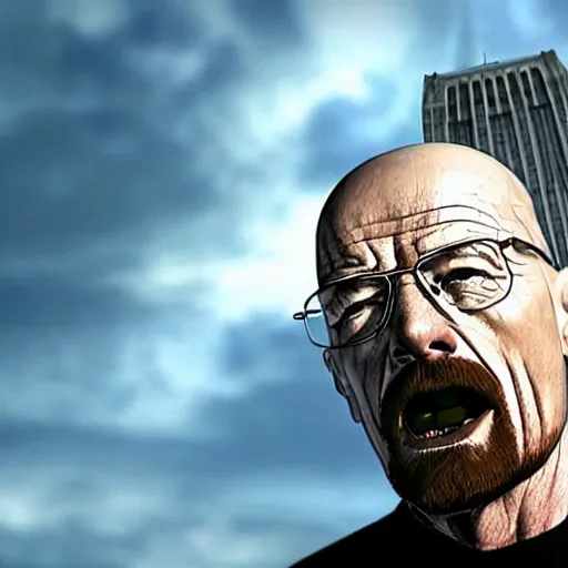 Image similar to walter white screaming at spider man on top of the empire state building, 4 k, realistic, very detailed