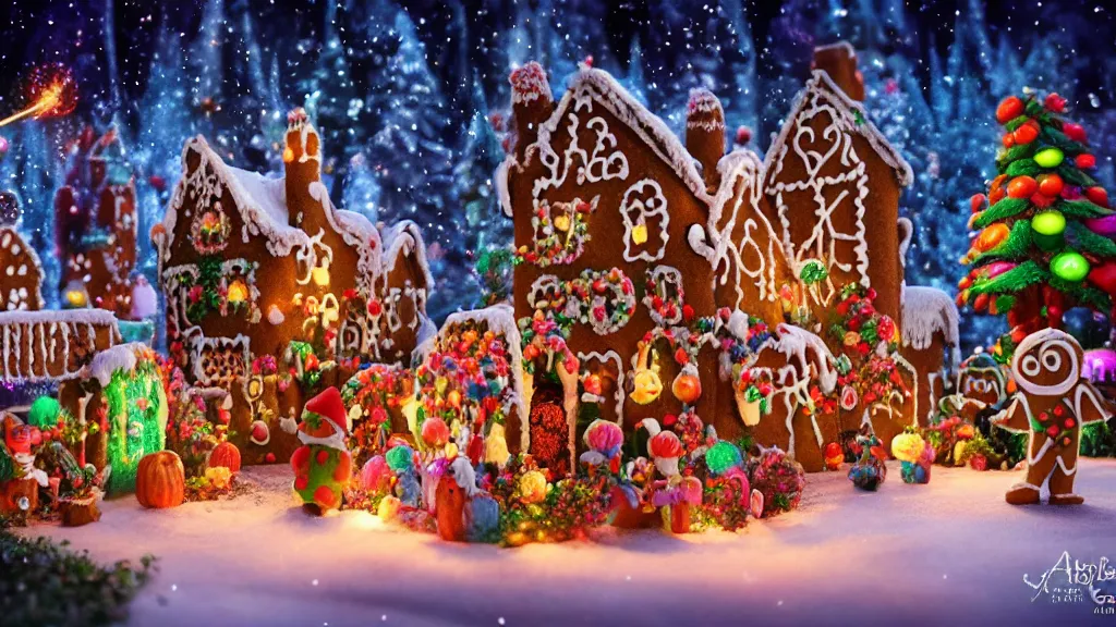 Prompt: gingerbread candy village, colorful, fantasy, fairytale, intricate, forest, fireflies, flowers, halloween, christmas, snow, hansel and gretel, bokeh, medium shot, visually stunning, depth of field 1 0 0 mm ( cinematic scene, studio lighting, unreal engine, octane render, trending on artstation, artgerm, cgsociety )