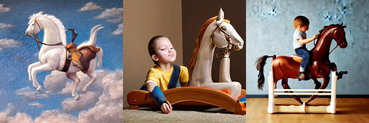 Prompt: a child dreams of riding on a flying rocking horse