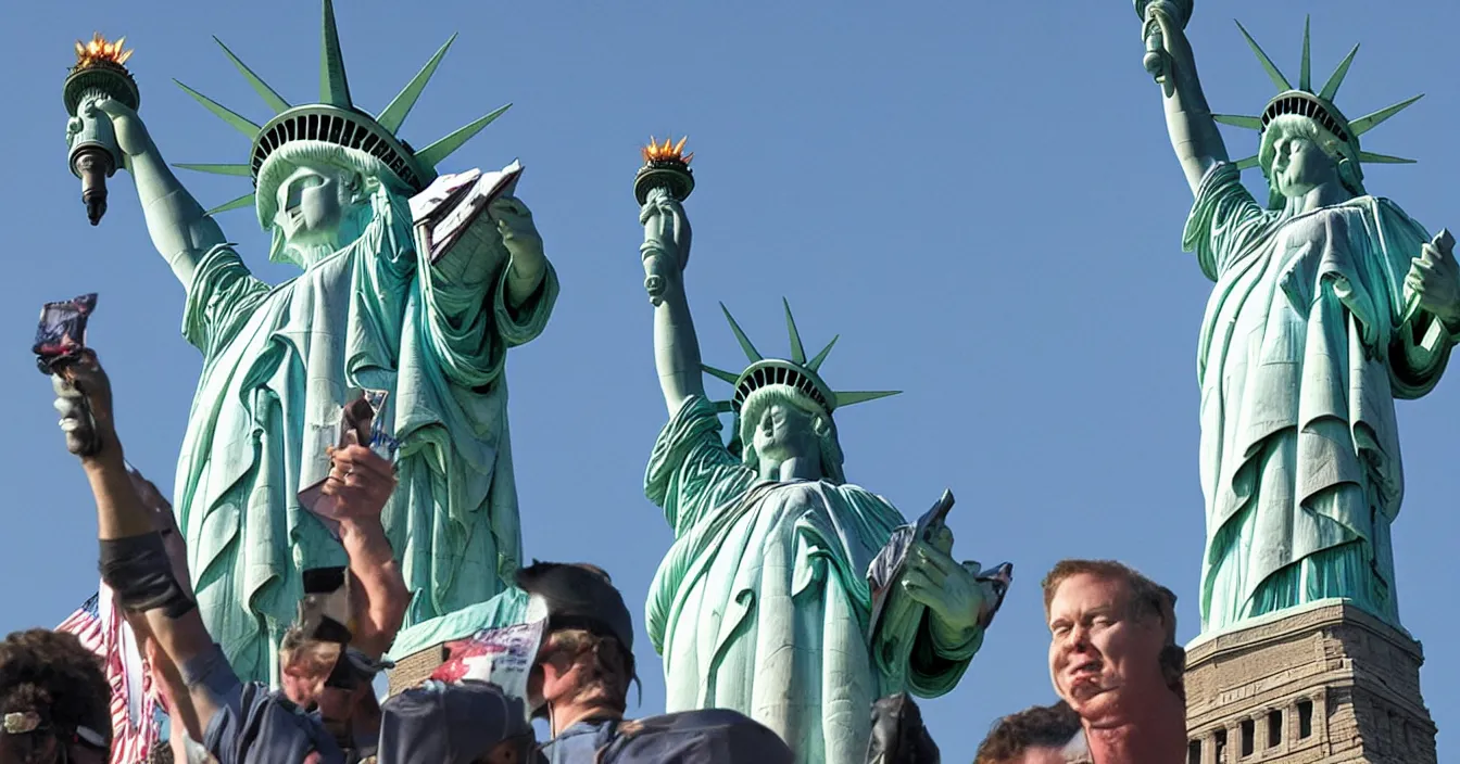 Prompt: the statue of liberty rides motorcycle