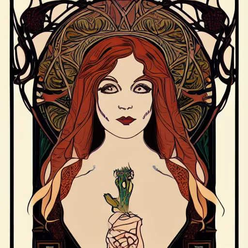 Image similar to art nouveau poster portrait of a woman, in the style of Mucha, on a detailed geometric art nouveau background design