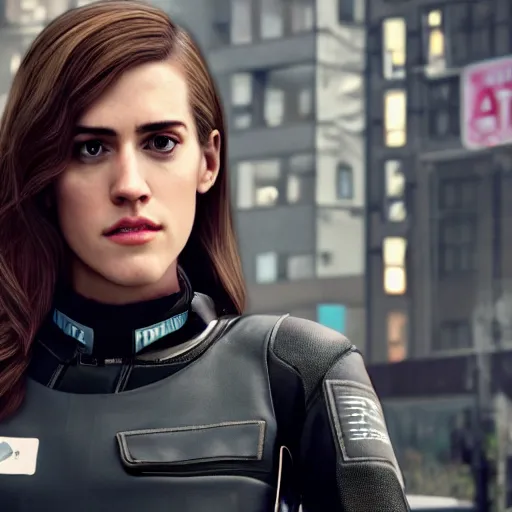 Image similar to a Super realistic version of Allison Williams in the style of Detroit: Become Human, cinematic, three quarter view, symmetrical face, full body, photo realistic, detailed , 8k, wide lens, unreal engine 5, hyper realistic, artgerm, trending on artstation