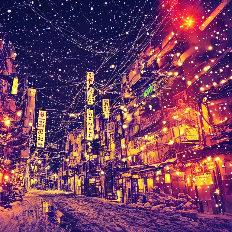 Image similar to illustration of osaka with many lights and lens flares, snowy winter christmas night