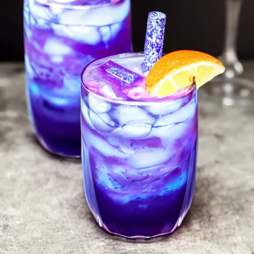 Prompt: thick purple and blue metallic drink, swirling with sparkling colors, mystical cocktail