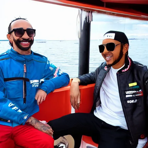 Prompt: character torrente and lewis hamilton on a boat