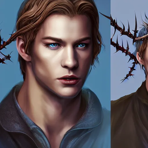 Image similar to Lucifer as an attractive cody fern with blue eyes and long dirty blonde hair with a chiseled jawline, wearing a demonic crown of thorns, 4k digital character design by Artgerm, WLOP, beeple, Hi-Fructose, James Jean, Andrei Riabovitchev, Marc Simonetti, yoshitaka Amano, Artstation, CGsociety