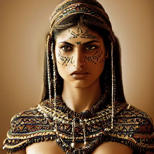 Prompt: portrait of a stunningly beautiful persian tribal female, depth of field, zeiss lens, detailed, symmetrical, centered, fashion photoshoot, by Annie Leibovitz and Steve McCurry, David Lazar, Jimmy Nelsson, Breathtaking, 8k resolution, extremely detailed, beautiful, establishing shot, artistic, hyperrealistic, beautiful face, octane render