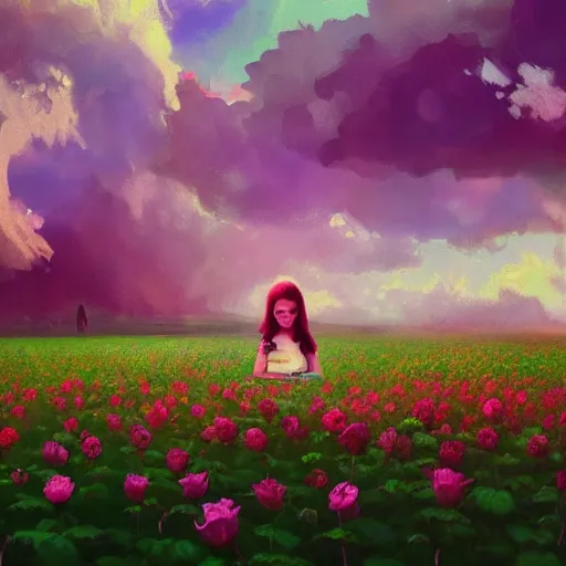 Image similar to large rose head, girl floating in a flower field, surreal photography, sunrise dramatic light, impressionist painting, colorful clouds, digital painting, artstation, simon stalenhag