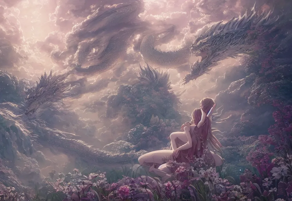 Image similar to the beautiful hyper detailed scene render that a lonely single beautiful girl lies in the arms of a huge silver dragon alone in the fairyland surrounded by white clouds, in the style of makoto shinkai victo ngai and peter mohrbacher studio ghibli artgerm karol bak beeple, animation style, 8 k hd, dream, ultra wide angle, animation style