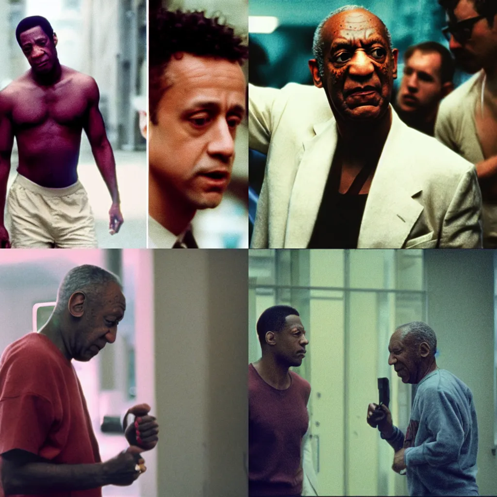 Prompt: bill cosby in fight club, anamorphic lens, cinestill colour