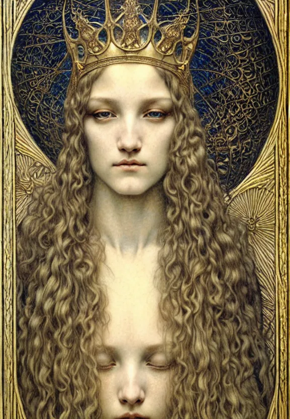 Image similar to detailed realistic beautiful young medieval queen face portrait by jean delville, gustave dore and marco mazzoni, art nouveau, symbolist, visionary, gothic, pre - raphaelite. horizontal symmetry