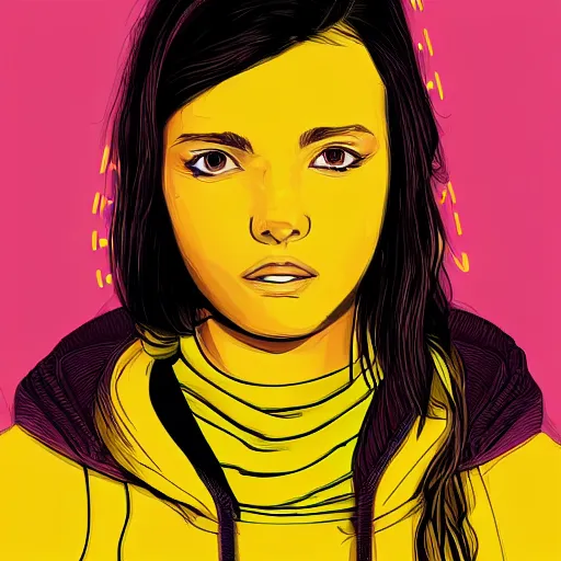 Image similar to girl in yellow hoodie, portrait, illustration, cyberpunk