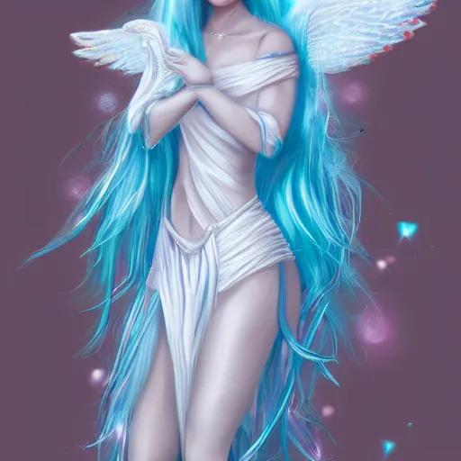 Image similar to Attractive young female ice angel, beautiful long white hair, wearing ice crystals, intricate, highly detailed, elegant, digital painting, trending on artstation