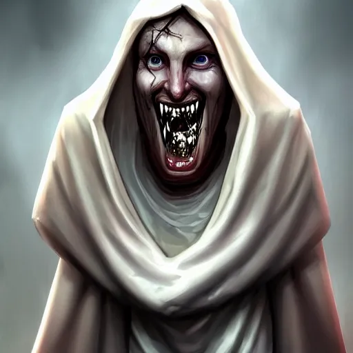 Image similar to Pale-skinned man with a pinched face, crazed eyes, and a strained toothy grin. He has short blond unwashed hair. He wears a white oversized cultist robe that is dirty and stained. Epic fantasy art, award winning on Artstation.