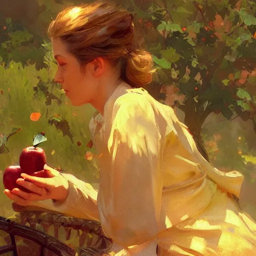 Prompt: the hand is reaching for the apple, painting by Craig Mullins, 4k, octane, digital painting, artstation, concept art, sharp focus, illustration, art by artgerm and greg rutkowski and alphonse mucha,