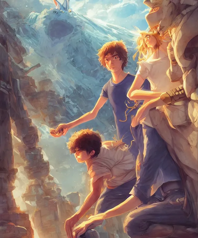 Image similar to percy jackson and annabeth chase, ambient, studio ghibli studio key hideaki anno sakimichan stanley artgerm lau rossdraws james jean marc simonetti elegant highly detailed digital painting artstation pixiv