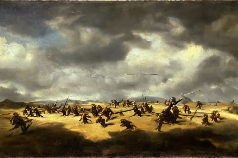 Image similar to a battlefield full of swords in the bare terrain, windy clouds by velasquez, oil painting 4 k