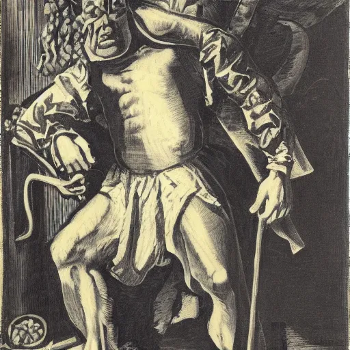 Prompt: subtle, sinister cobalt by william hogarth, by james mcintosh patrick. a mixed mediart of a large, black - clad figure of the king looming over a small, defenseless figure huddled at his feet. the king's face is hidden in shadow. menacing stance, large, sharp claws, dangerous & powerful creature.