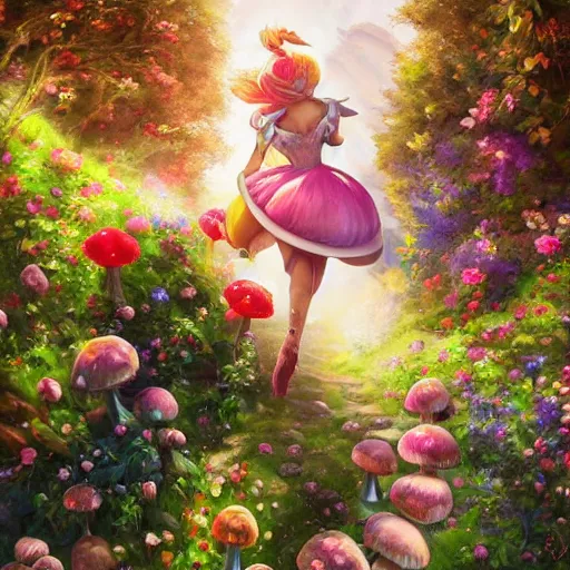 Prompt: portrait of princess peach, running up a hill of exotic flowers in the Mushroom Kingdom, giant mushrooms, and roses, from behind, streets, birds in the sky, sunlight and rays of light shining through trees, beautiful, solarpunk!!!, highly detailed, digital painting by Michael Garmash and Peter Mohrbacher