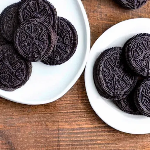 Prompt: oreo cookies on a plate next to glass of milk and a lamp on a wooden table during the winter