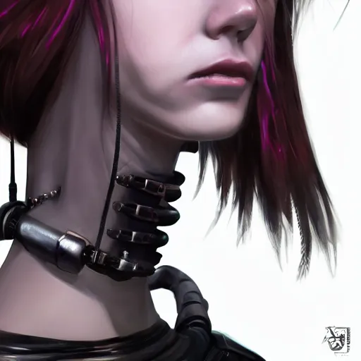 Image similar to detailed realistic female character cyberpunk wearing thick steel collar around neck, realistic, art, beautiful, 4K, collar, choker, collar around neck, punk, artstation, detailed, female, woman, choker, cyberpunk, neon, punk, collar, choker, collar around neck, thick collar, choker around neck, wearing choker, wearing collar, face, beautiful, cyberpunk,