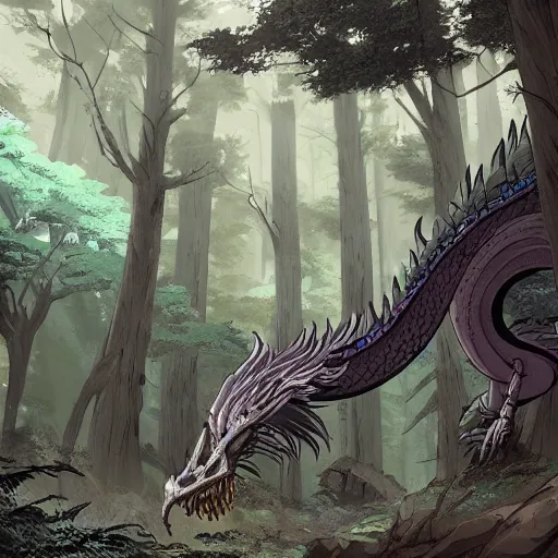 Image similar to concept art painting of an anthropomorphic dragon king with black robes, a long neck, and skull mask, in a deep forest, cel shaded, in the style of makoto shinkai and james gurney and studio ghibli and moebius