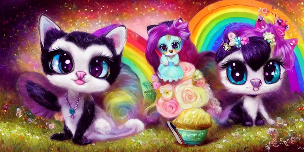 Image similar to 3 d littlest pet shop cat, lacey accessories, glittery wedding, ice cream, gothic, raven, rainbow, master painter and art style of noel coypel, art of emile eisman - semenowsky, art of edouard bisson