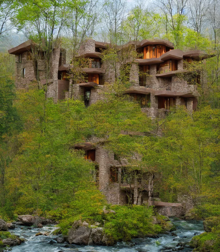 Image similar to of a green spring mountain athmosphere with beautiful forest permeated by a magical river showing a multistory house in the architect style of frank loyd wright made out of natural stone bricks from the distance with mythical european mountains in the background, artstudio, colorful in the art style of Kerry Milligan