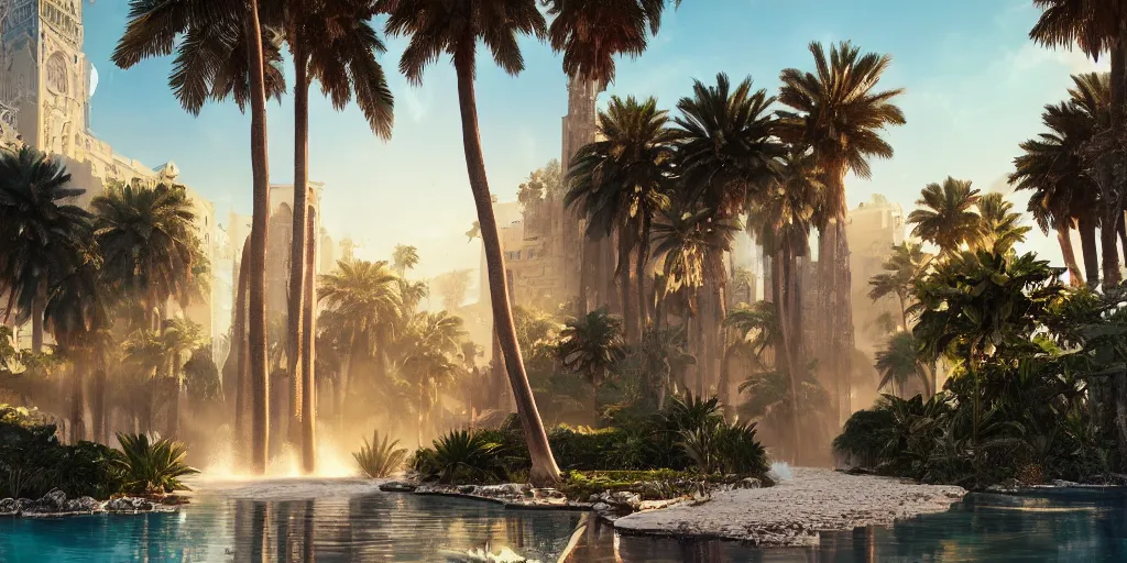 Image similar to beautiful oasis waterfalls surrounded by palm trees, Moroccan tile archways, date trees, ivory towers, sun setting, ross tran, nephilim, pyroclastic flow, ethereal, fantasy, James Jean, oozium, peter morbacher, angelarium, alchemy, luxury, heavenly light, Soft illumination, Trending on artstation, Cinematic Lighting, digital painting, octane render, artgerm