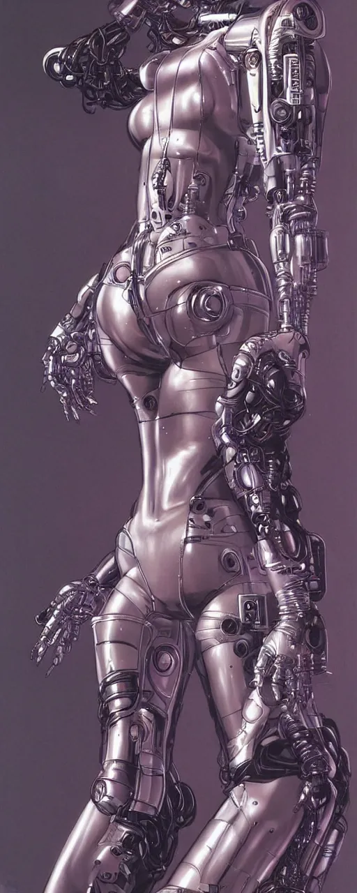 Image similar to beauty cyberpunk woman, robotic, trending on artstation, by Hajime Sorayama and Boris Vallejo