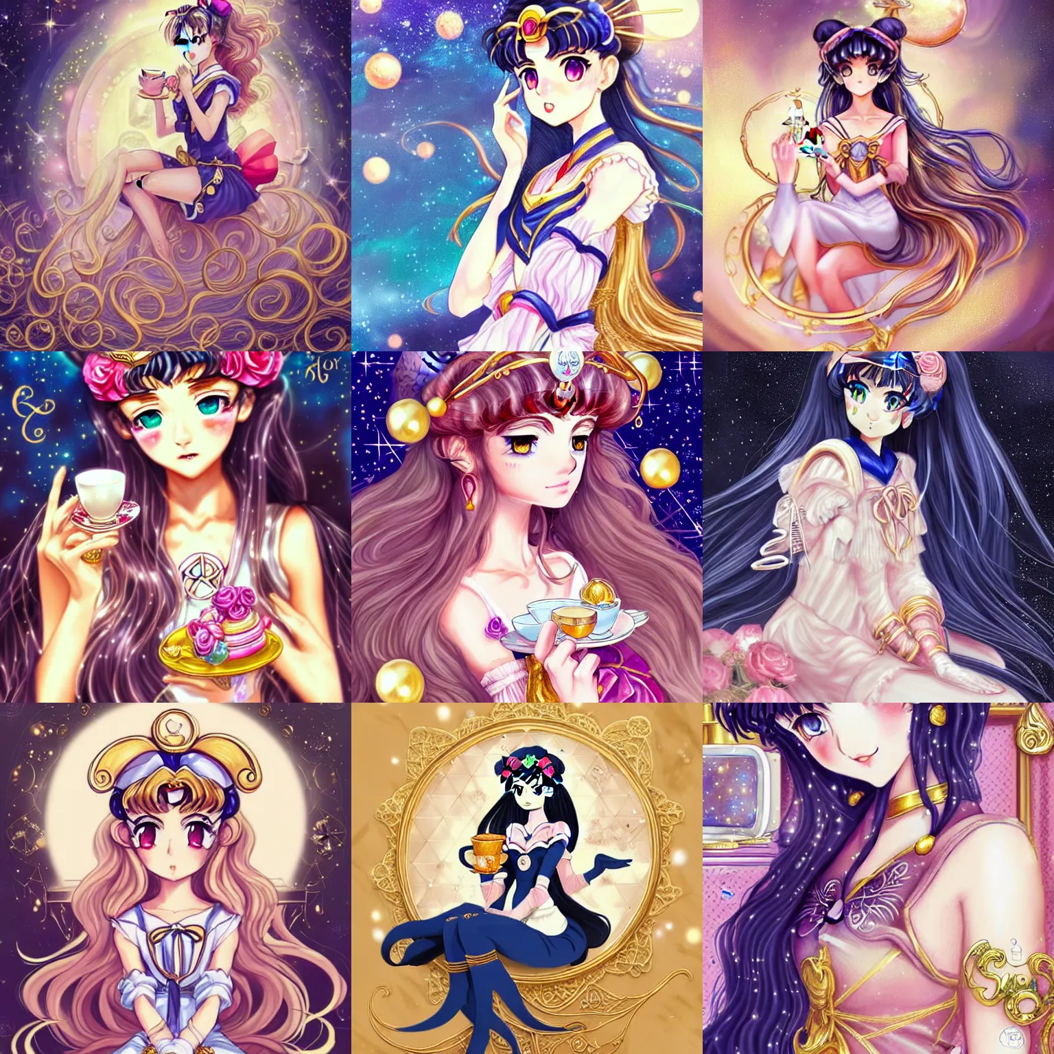 Prompt: beautiful detailed sailor moon aesthetic, beautiful detailed fantasy, beautiful detailed intricate a beautiful girl with long dark hair and bangs, wearing a gold sailor dress, sitting alone in a cafe with magic items all around, beautiful detailed elegant, highly detailed, beautiful detailed digital painting, artstation, beautiful detailed concept art, matte, sharp focus, highly detailed illustration, highly intricate detailed art by Artgerm and Greg Rutkowski and Alphonse Mucha