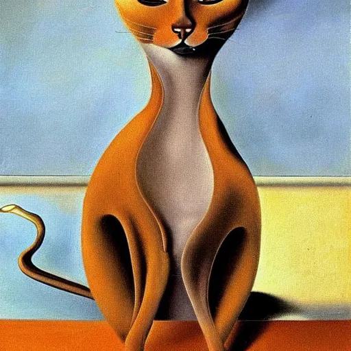 Image similar to A portrait of a siamese cat with long neck drinking coffee, oil painting by Salvador Dali