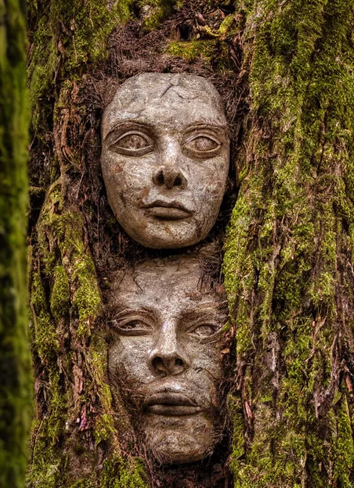 Prompt: photograph of hyperrealistic hyperdetailed ancient face inside a tree covered with bark and moss, in a dark mysterious forest at sunset