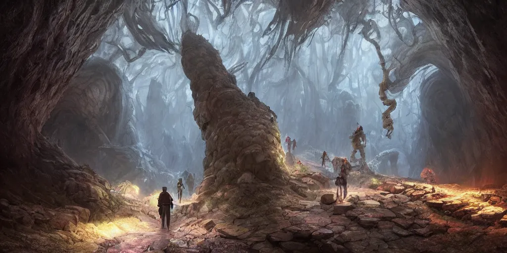 Image similar to drawfs trek along a path in an immense underground cavern, lit by magical light, giant mushrooms, dark fantasy, Greg Rutkowski and Studio Ghibli and Ivan Shishkin