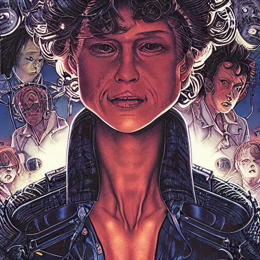 Prompt: portrait of crazy ellen ripley with aliens around, symmetrical, by yoichi hatakenaka, masamune shirow, josan gonzales and dan mumford, ayami kojima, takato yamamoto, barclay shaw, karol bak, yukito kishiro