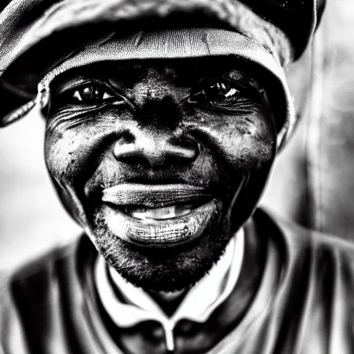 Prompt: black and white photo, portrait of Congo mineworker by Stephan vanfleteren, realistic, Leica, medium format, cinematic lighting, parallax, high resolution,