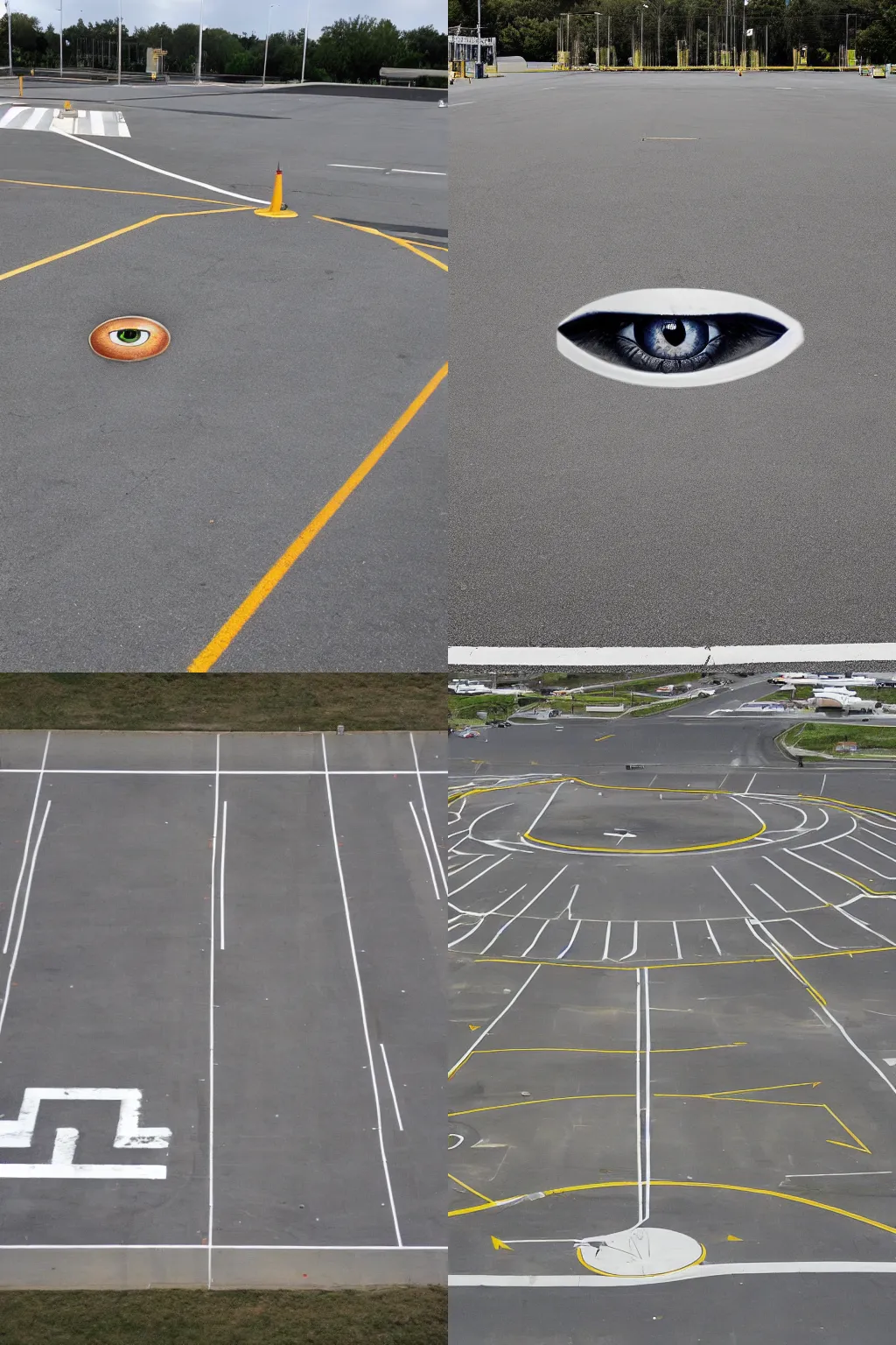 Prompt: empty liminal parking lot eye!!!!!!! floating! in air