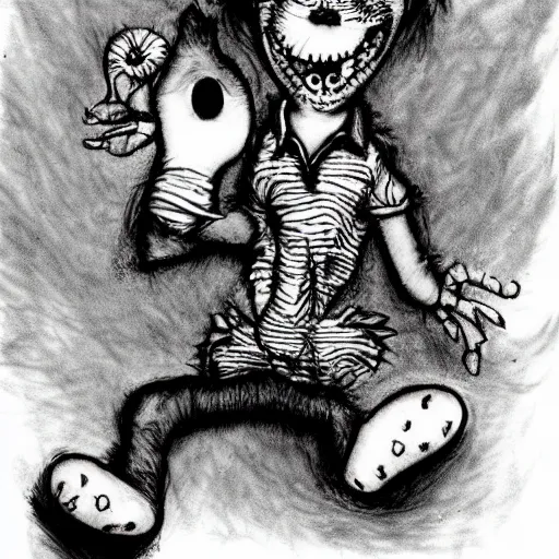 Prompt: grunge drawing of a cartoon teddy bear by - dr seuss , corpse bride style, horror themed, detailed, elegant, intricate