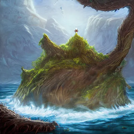 Prompt: a mysterious island, painting, in the style of magic the gathering, fantastical, concept art