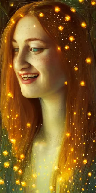 Image similar to a totally enraptured smiling young woman surrounded by golden firefly lights in a mesmerizing scene, sitting amidst nature fully covered, intricate detailed dress, long loose red hair, precise linework, accurate green eyes, small nose with freckles, smooth oval head, expressive emotions, hyper realistic ultrafine portrait by artemisia gentileschi, jessica rossier, artgerm