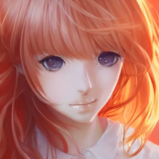 Image similar to luxury advertisement, astonishing portrait of a very beautiful anime high-school girl with light orange hair twintails, white ribbon, full perfect face, realistic, highly detailed background, artstation, 120 degree view, drawn by Sasoura, Satchely and Akihiko Yoshida, no distortion