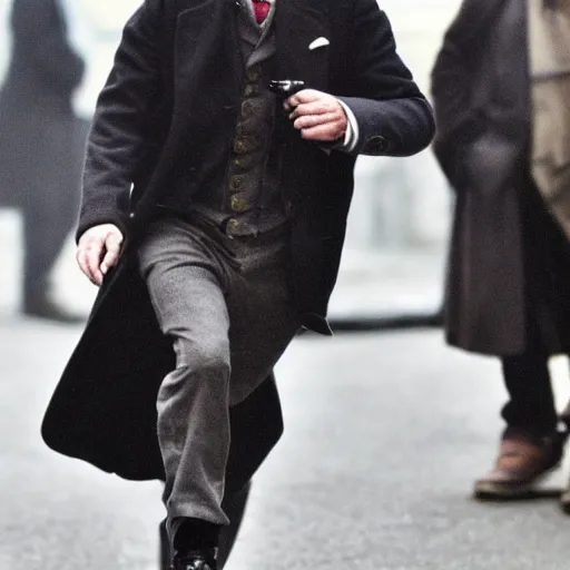 Image similar to [UHD candid photo of Sherlock Holmes running down the streets of futuristic steampunk London, correct face, accurate details, graphic detail, sharp focus by Annie Leibowitz]
