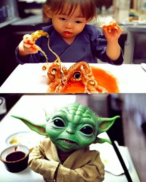 Image similar to baby yoda eating an alien squid thing in the style of dae - su eating an octopus at the sushi bar in oldboy