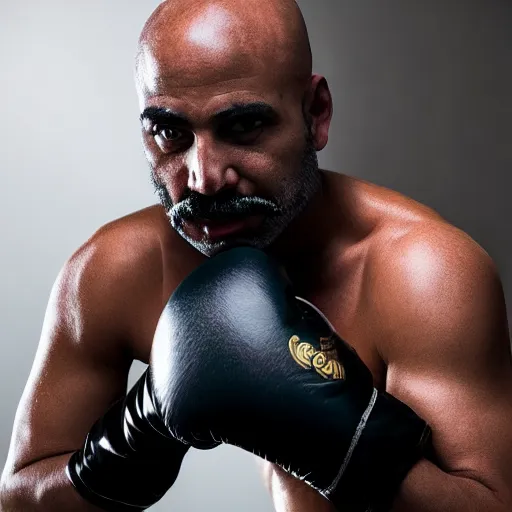 Prompt: a bald middle aged black man with a goatee and boxing gloves, religious imagery, god