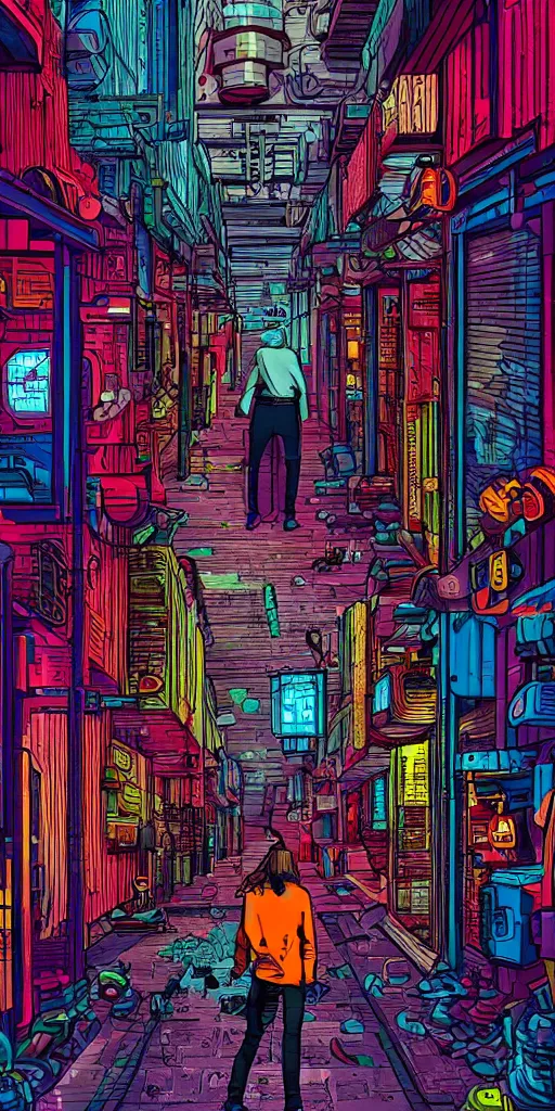 Image similar to person standing in a cyberpunk alley, pop art, markers, rtx, 8 k, ray tracing, highly detailed